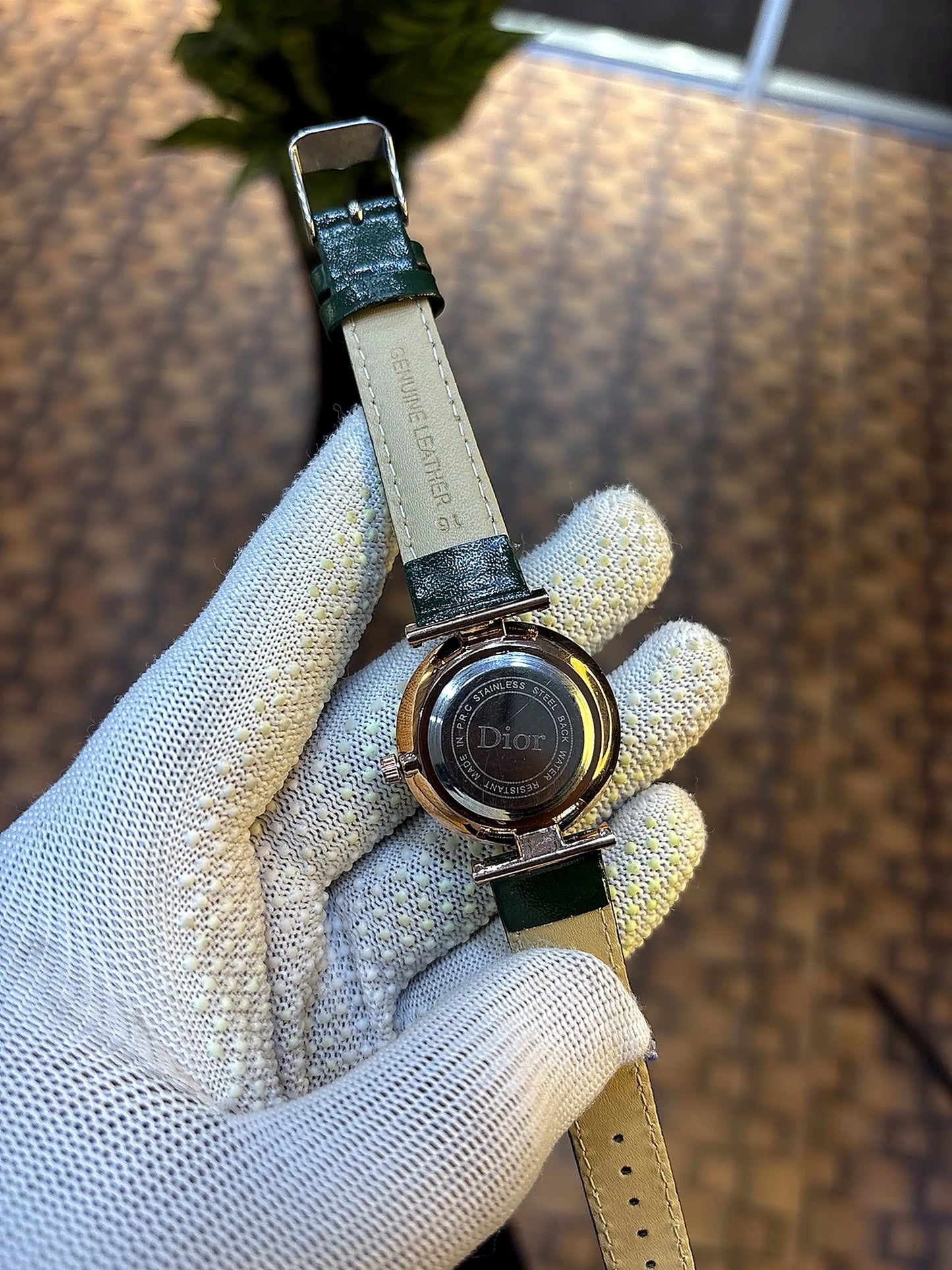 Dior Starry Night Black Dial Rose Gold Green Leather Strap Watch for Women