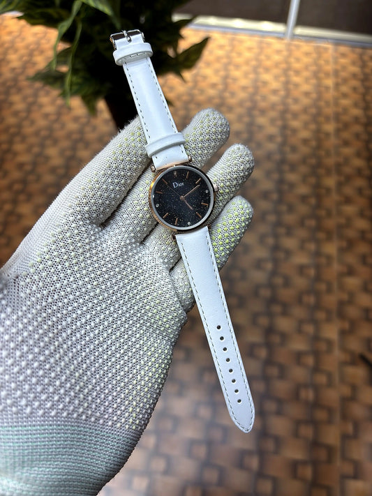 Dior Starry Night Black Dial Rose Gold White Leather Strap Watch for Women