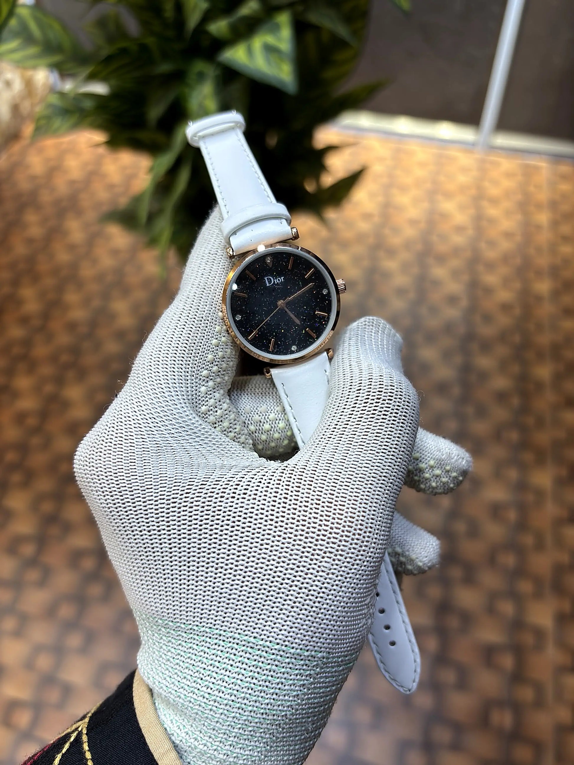 Dior Starry Night Black Dial Rose Gold White Leather Strap Watch for Women