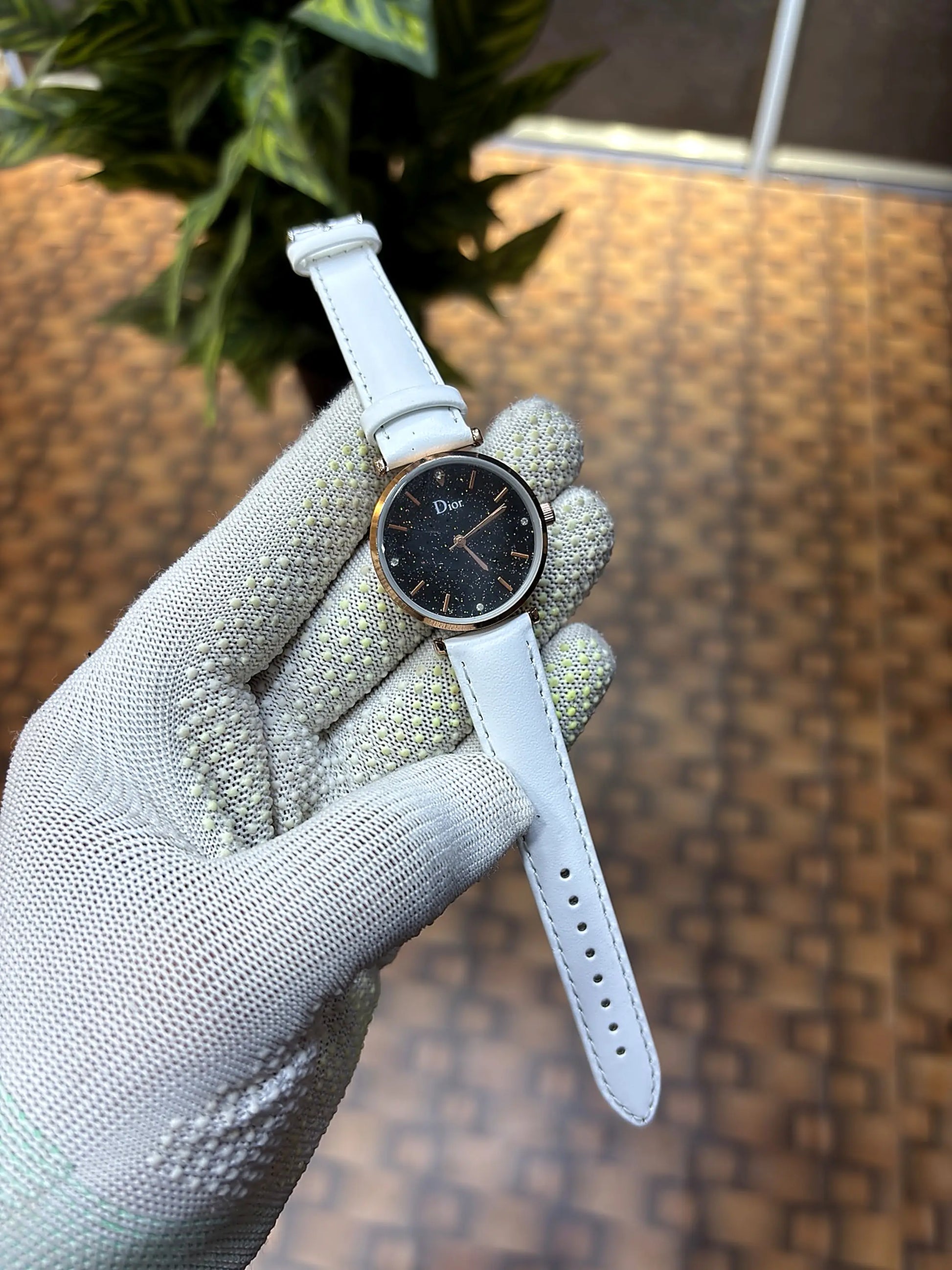 Dior Starry Night Black Dial Rose Gold White Leather Strap Watch for Women