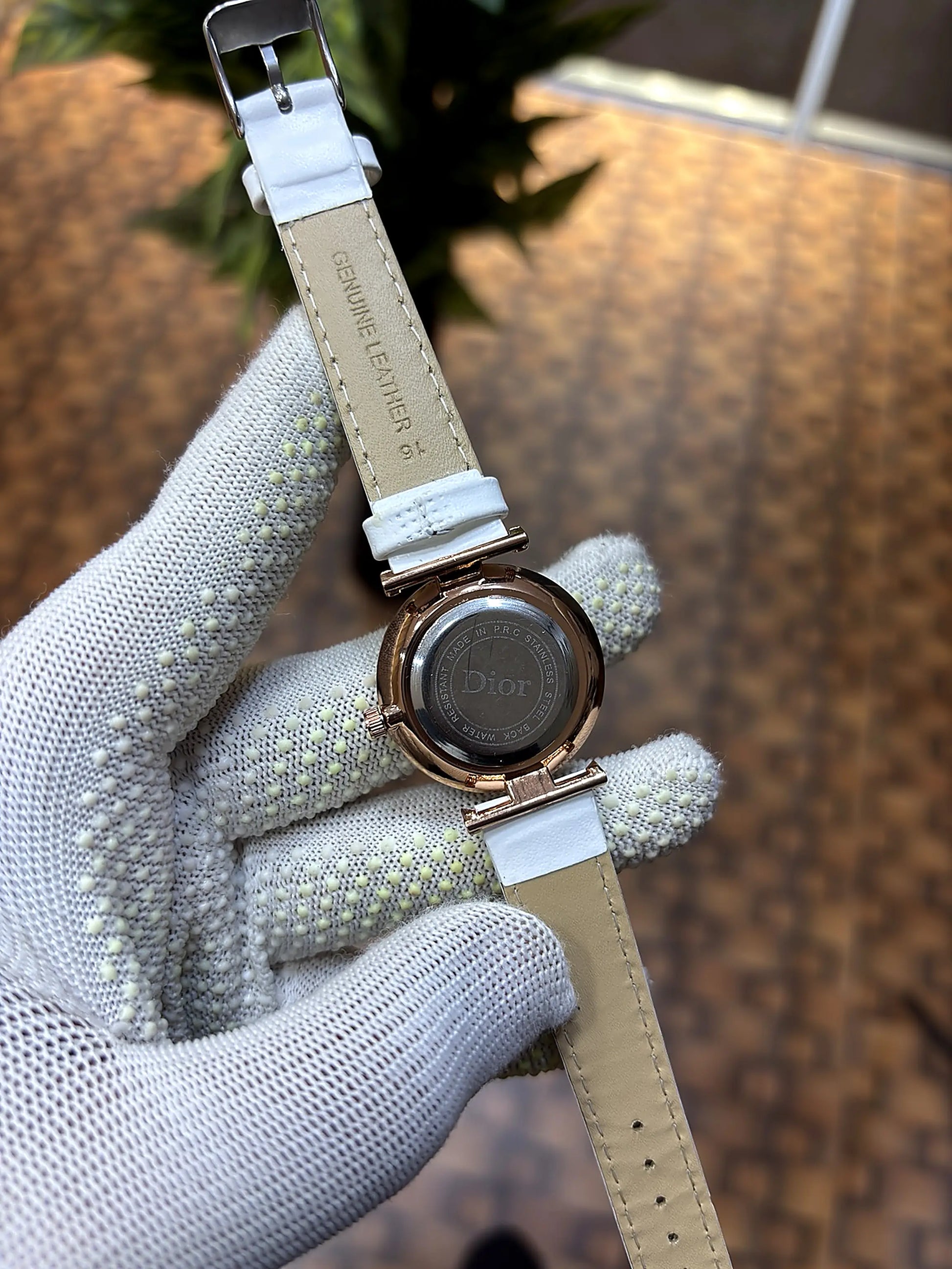 Dior Starry Night Black Dial Rose Gold White Leather Strap Watch for Women