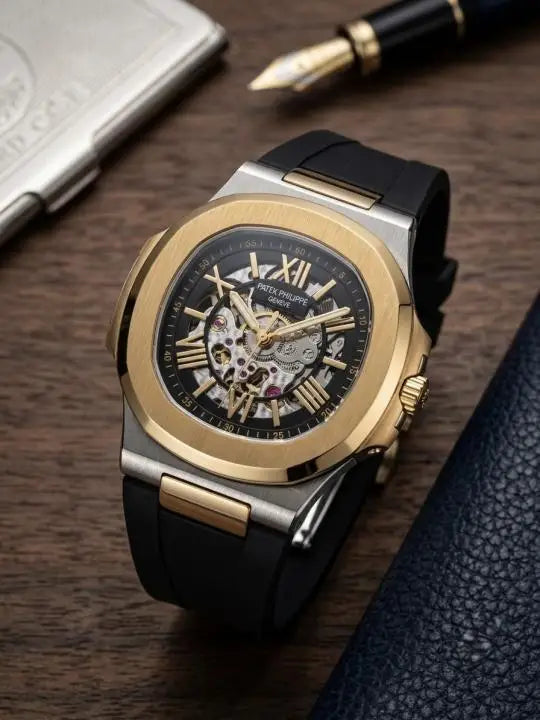 Patek Phillip e Nautilus Skeleton Silicone Gold Two Tone Black