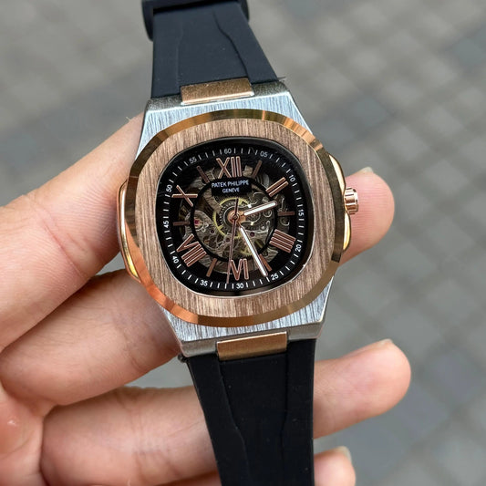 Patek Phillip e Nautilus Skeleton Silicone Rose Two Tone Black