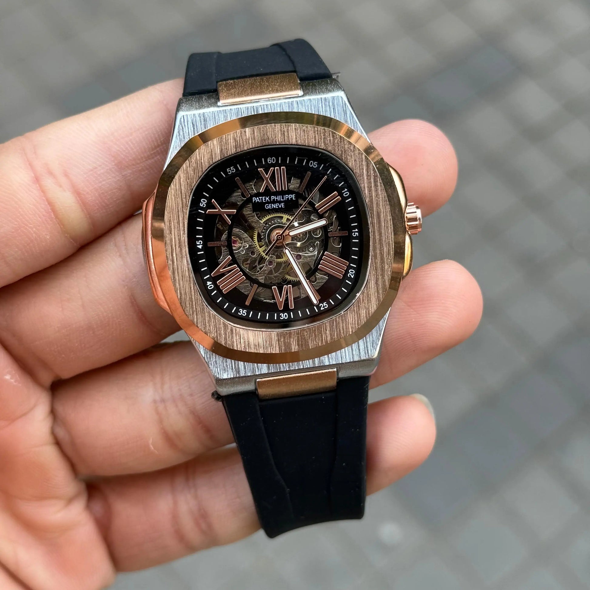 Patek Phillip e Nautilus Skeleton Silicone Rose Two Tone Black