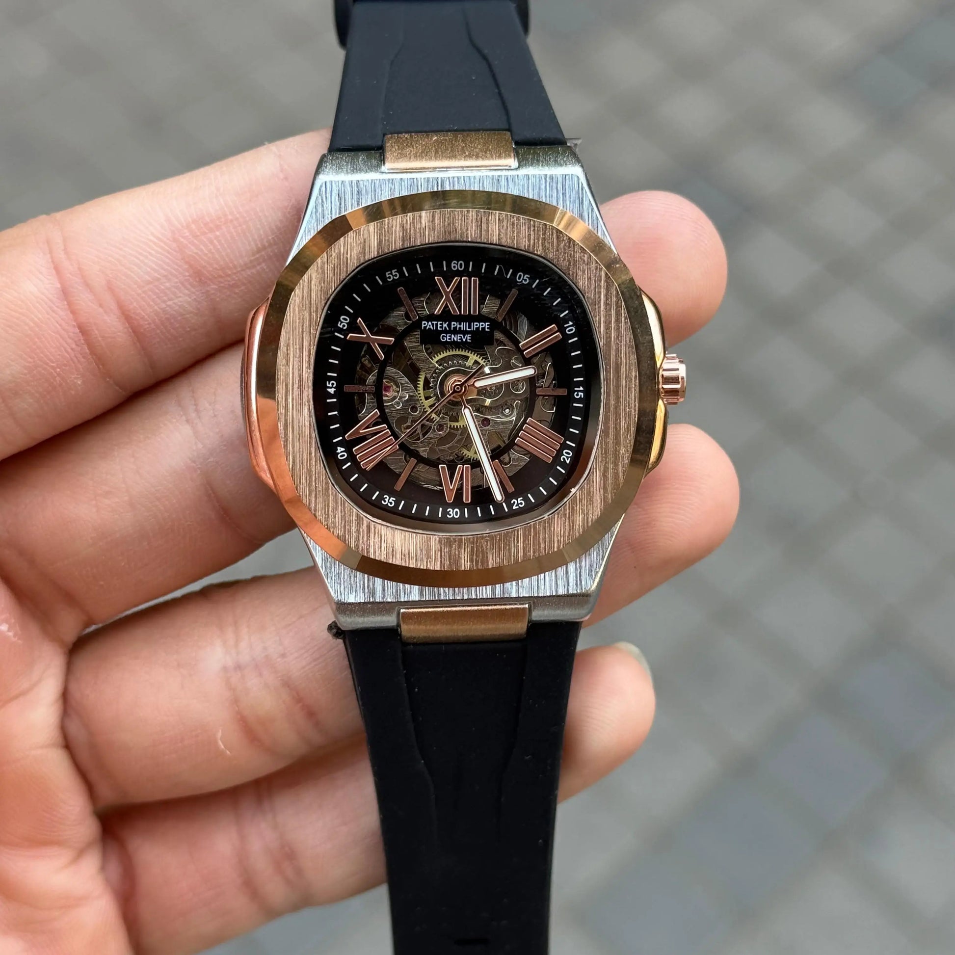 Patek Phillip e Nautilus Skeleton Silicone Rose Two Tone Black