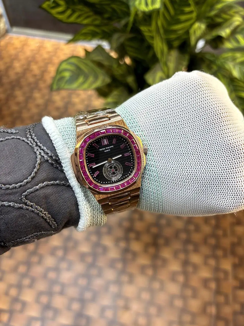 Patek Philippe Nautilus baguette diamond-set bezel.