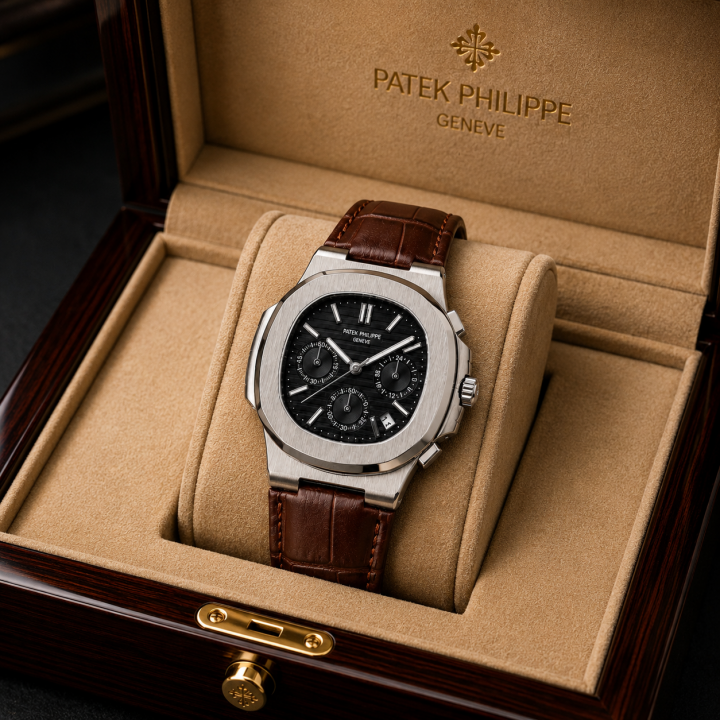 Patek_Philippe Brown Leather Strap Black Dial Watch
