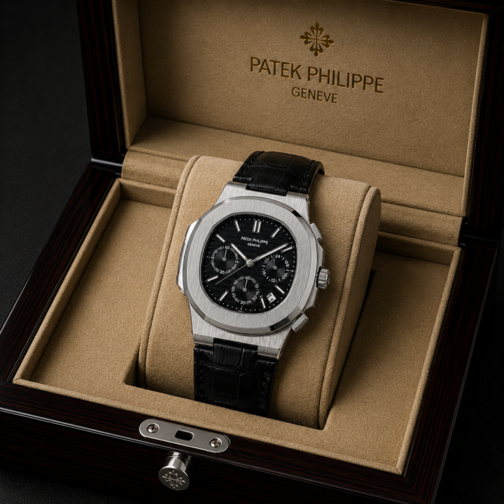 Patek_Philippe Black Leather Strap Watch