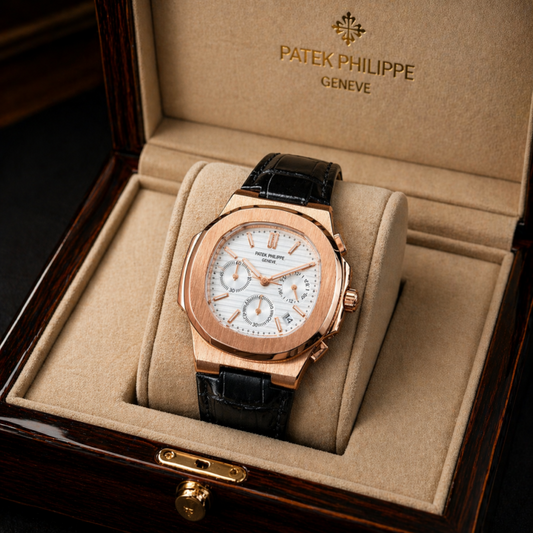Patek_Philippe Black Leather Strap Watch