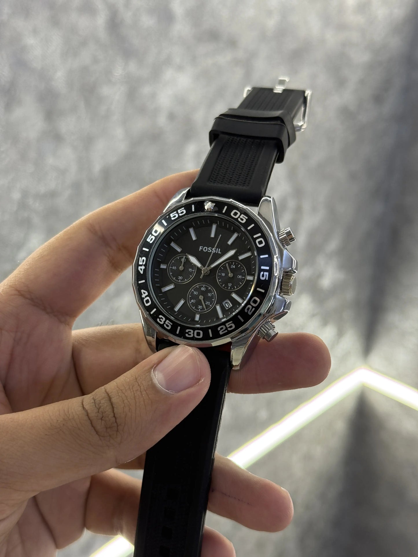 Fossil bannonRotating bezelAll Chronograph working Silicon strap 052