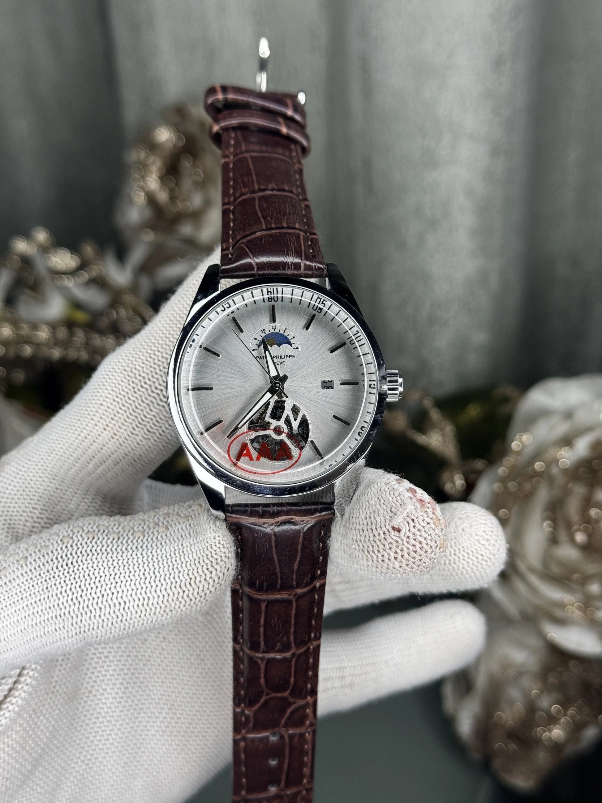 Patek Philipp e Brown White Leather Strap Premium Watch