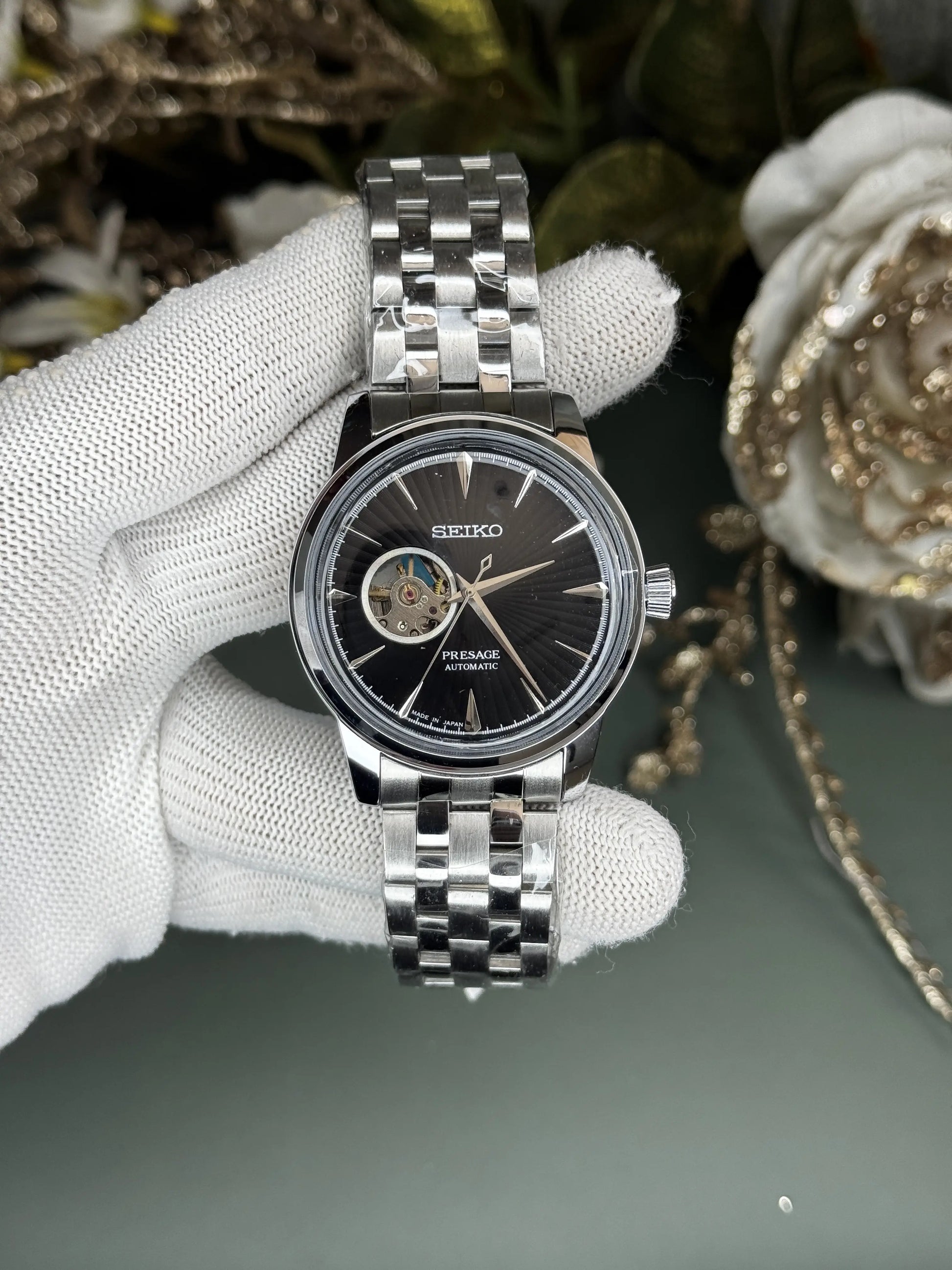 Seik o Presage Silver Black Automatic Premium Watch