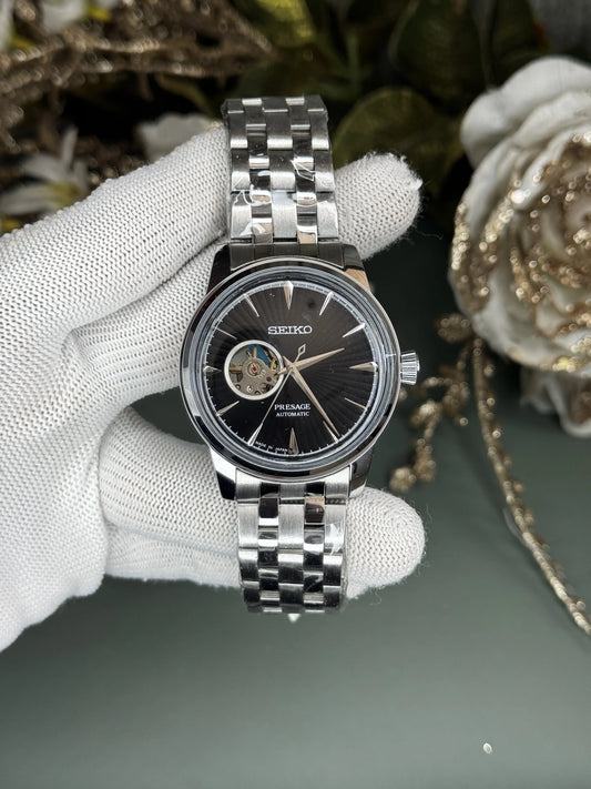 Seik o Presage Silver Black Automatic Premium Watch