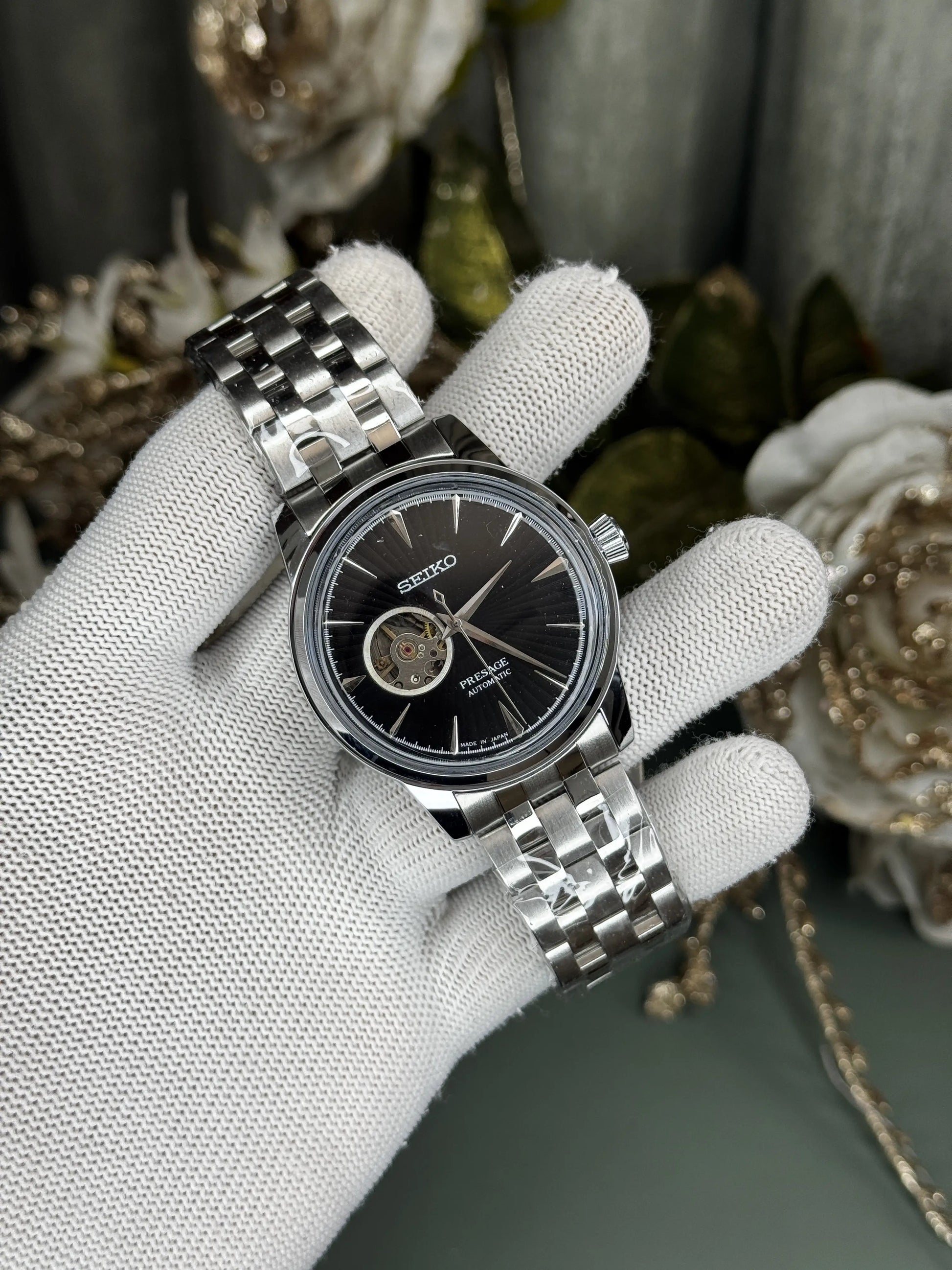 Seik o Presage Silver Black Automatic Premium Watch