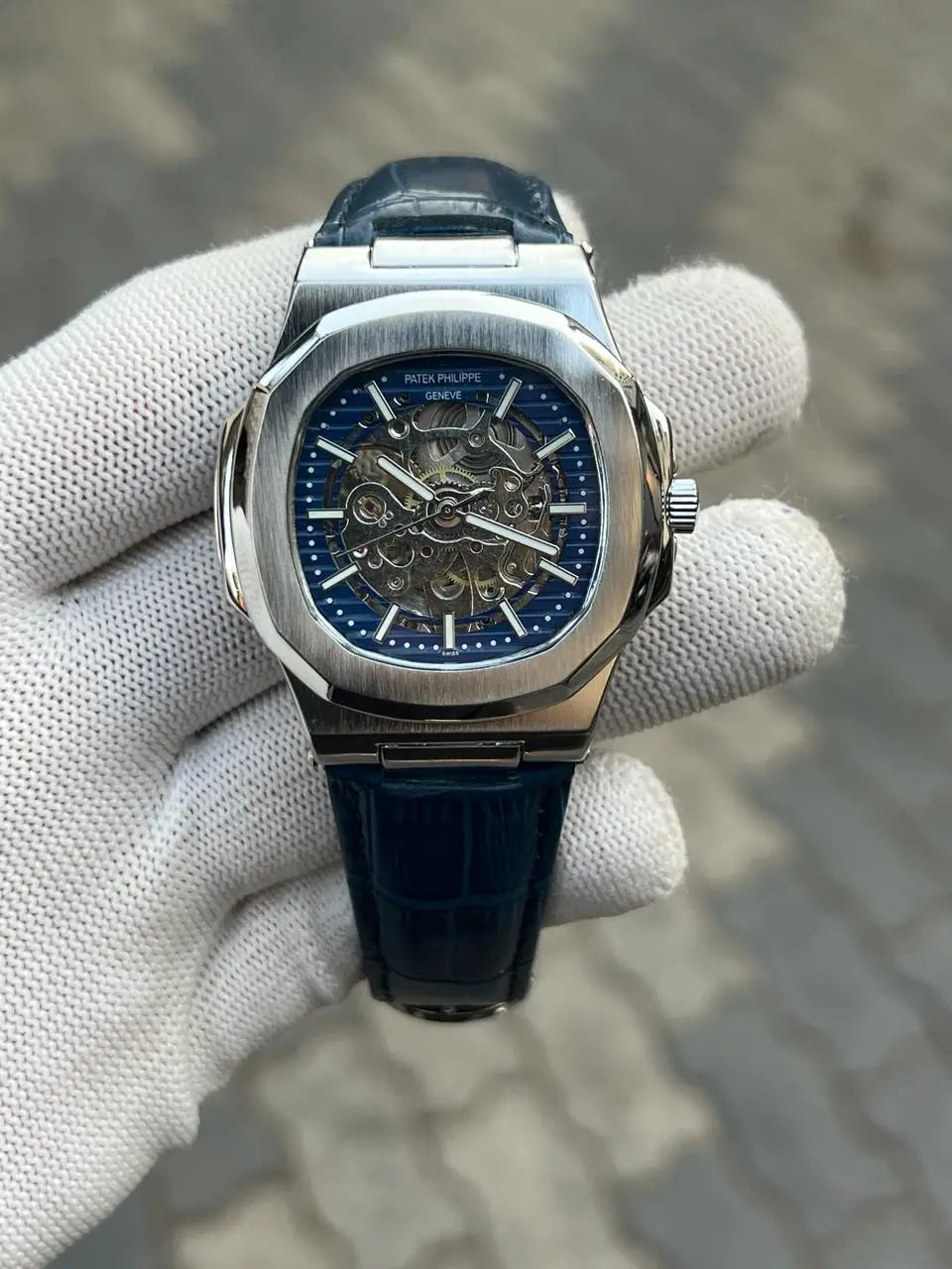 Patek Phillipe Skeleton Leather Belt Blue Silver 