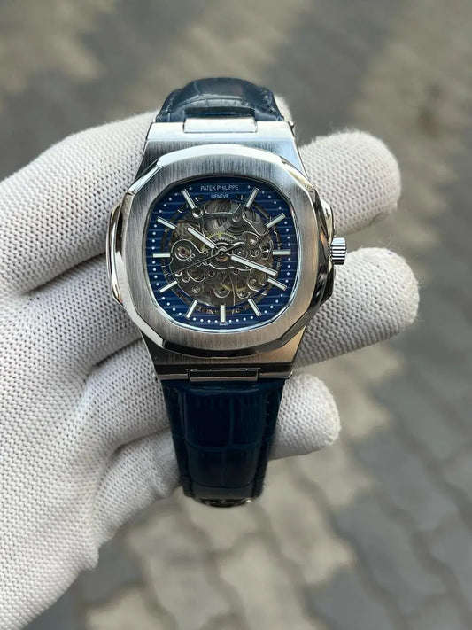 Patek Phillipe Skeleton Leather Belt Blue Silver 