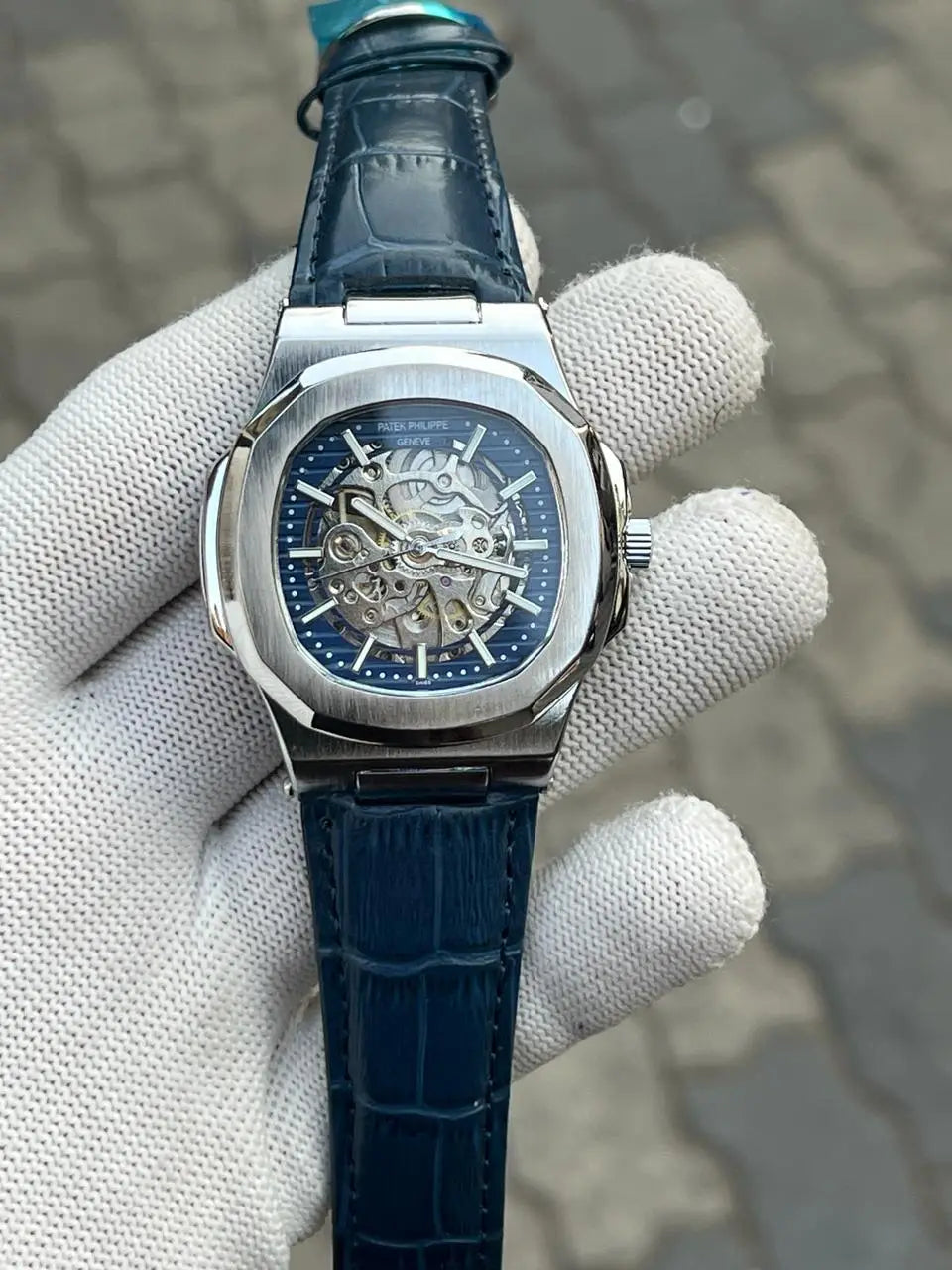 Patek Phillipe Skeleton Leather Belt Blue Silver 