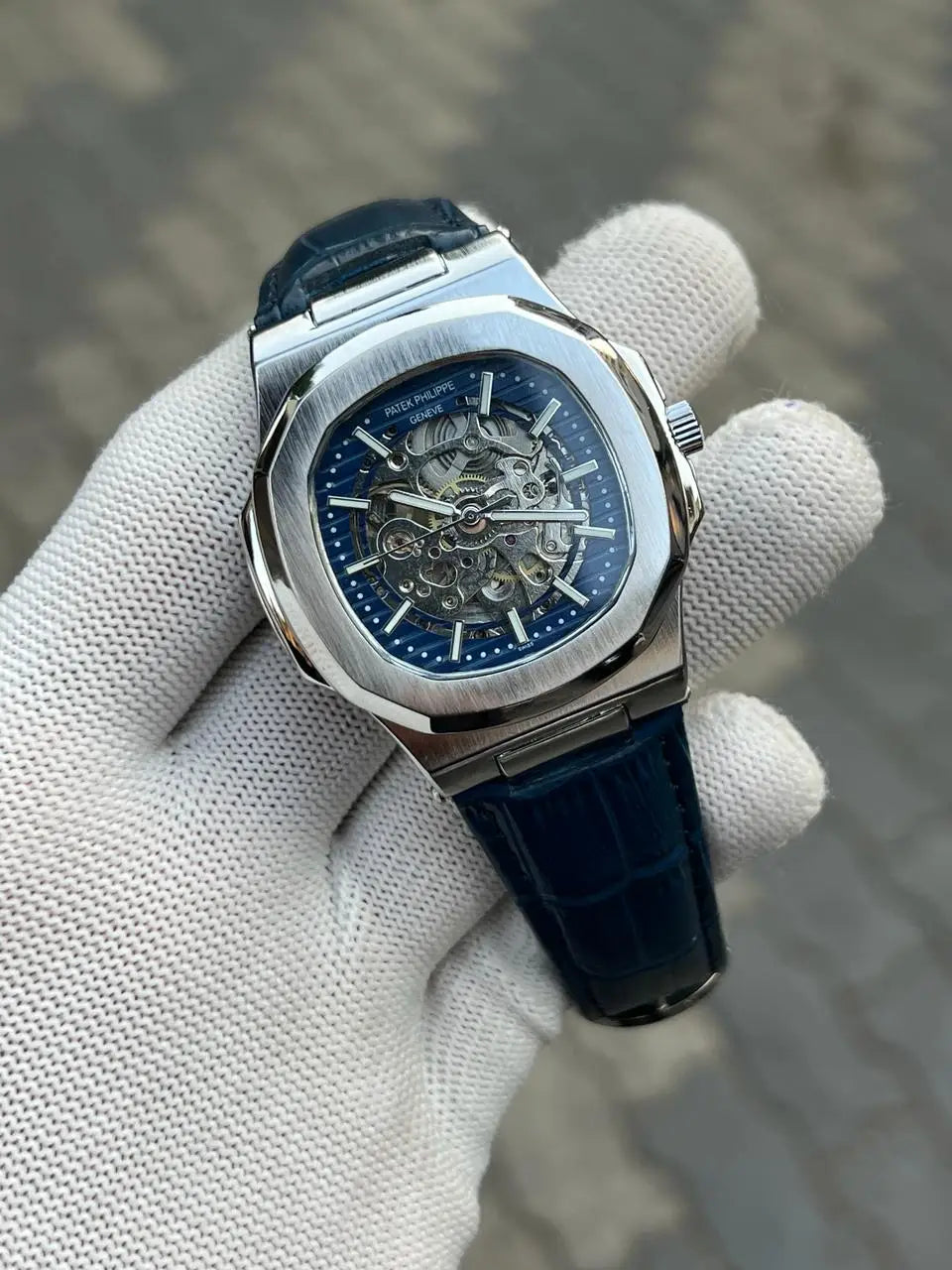 Patek Phillipe Skeleton Leather Belt Blue Silver 