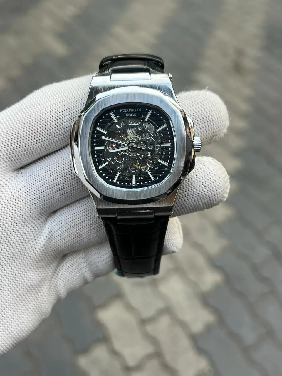 Patek Phillipe Skeleton Leather Belt Black Silver 
