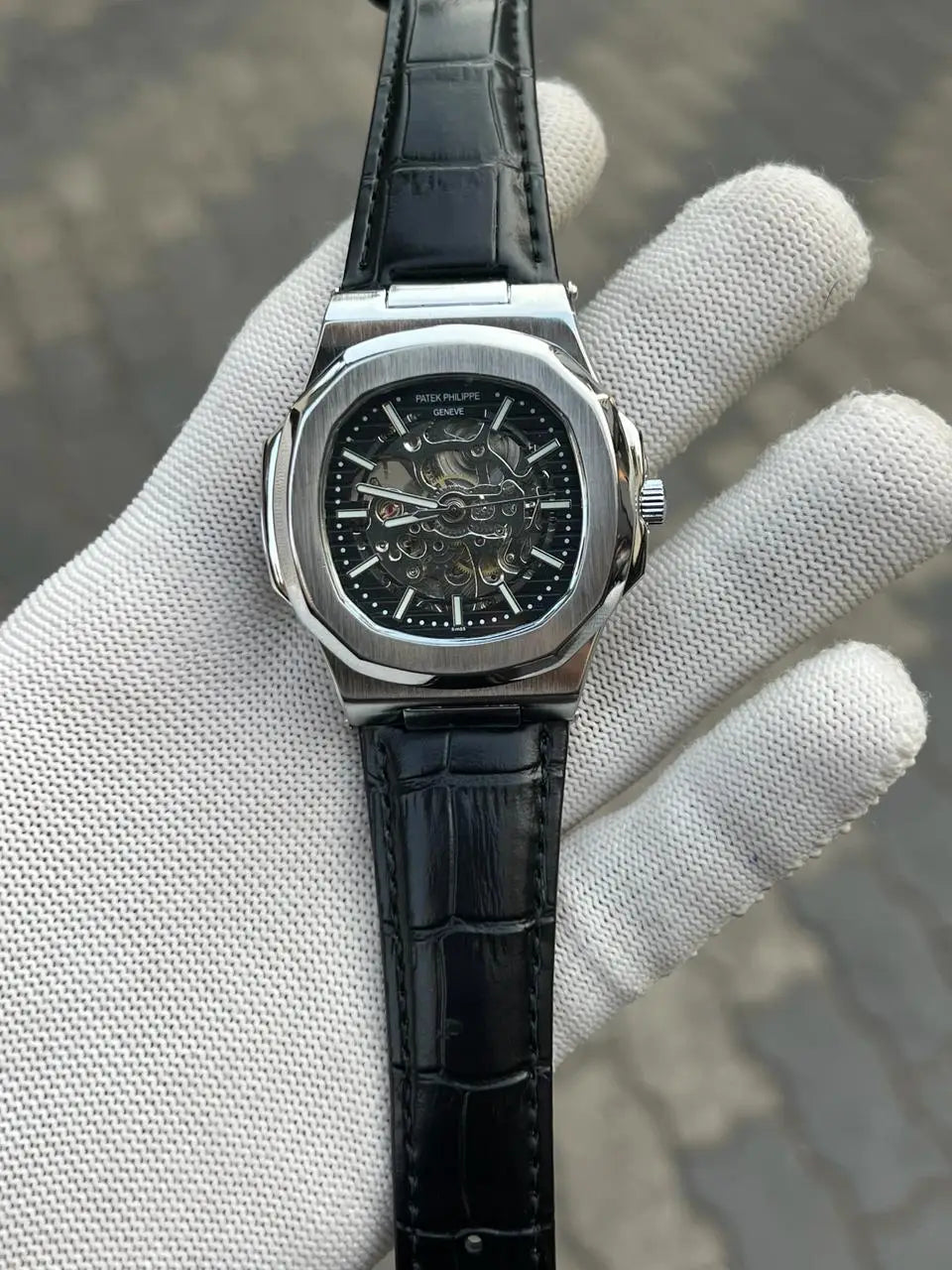 Patek Phillipe Skeleton Leather Belt Black Silver 