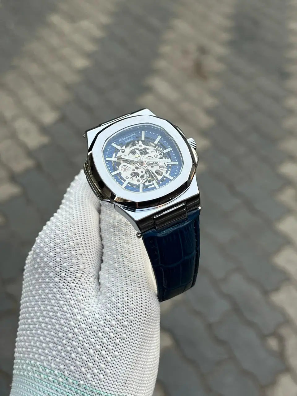Patek Phillipe Skeleton Leather Belt Black Silver 