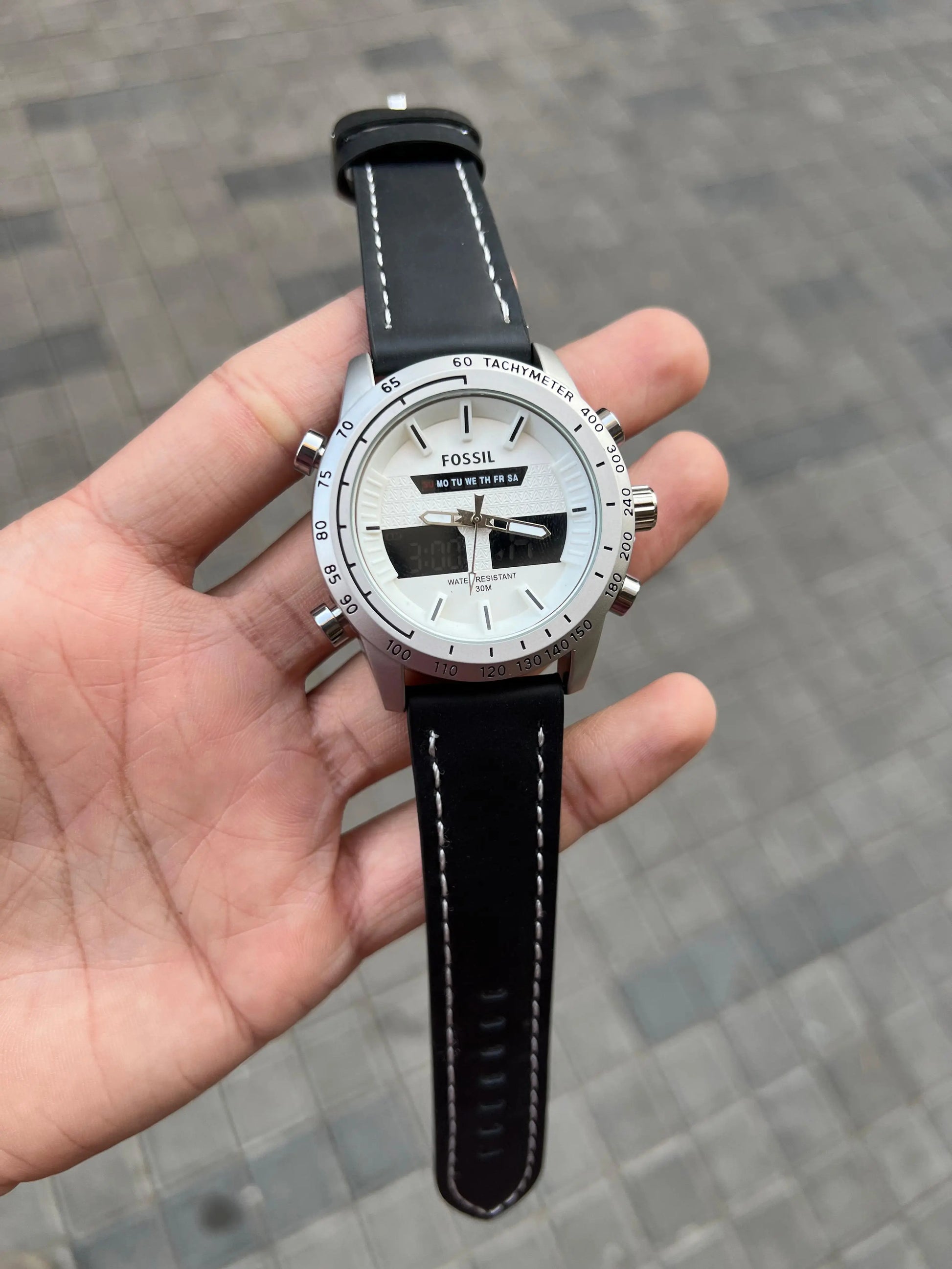 Fossi l Dual Time Silver White Black Belt