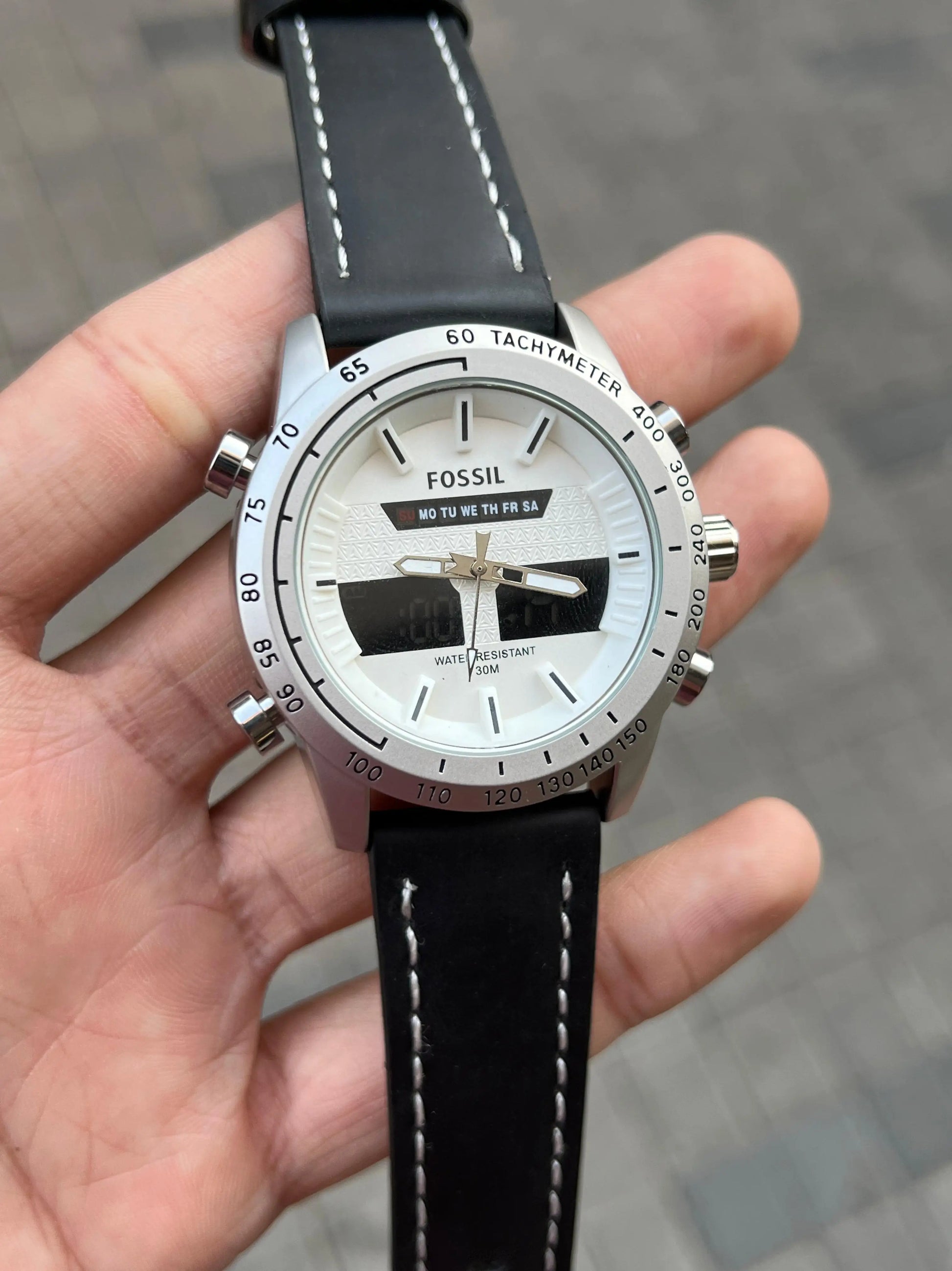 Fossi l Dual Time Silver White Black Belt