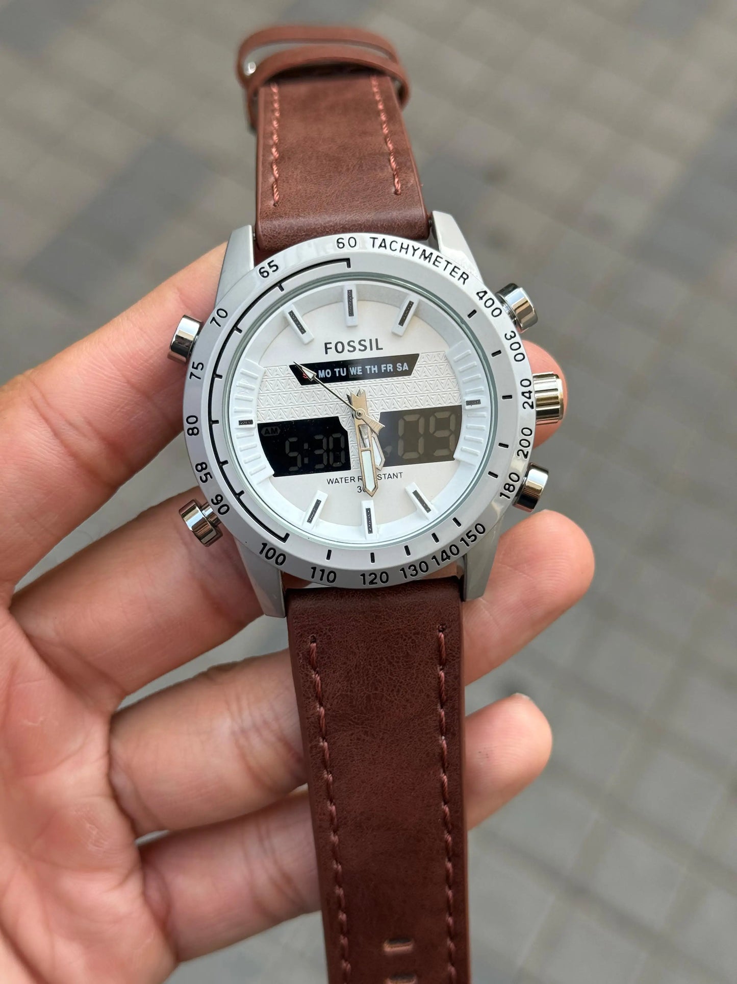 Fossi l Dual Time Silver White Brown Belt