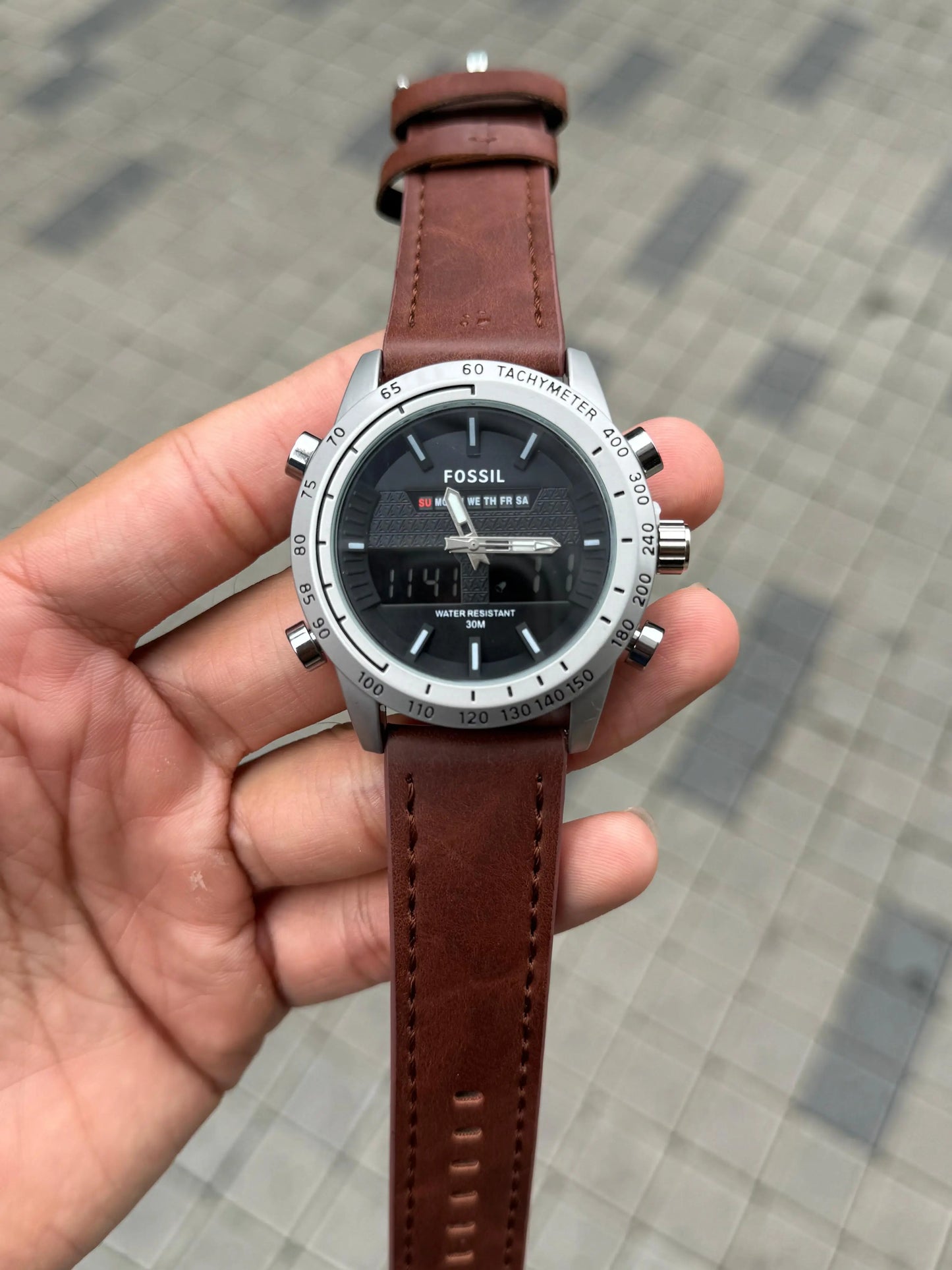 Fossi l Dual Time Silver Black Brown Belt