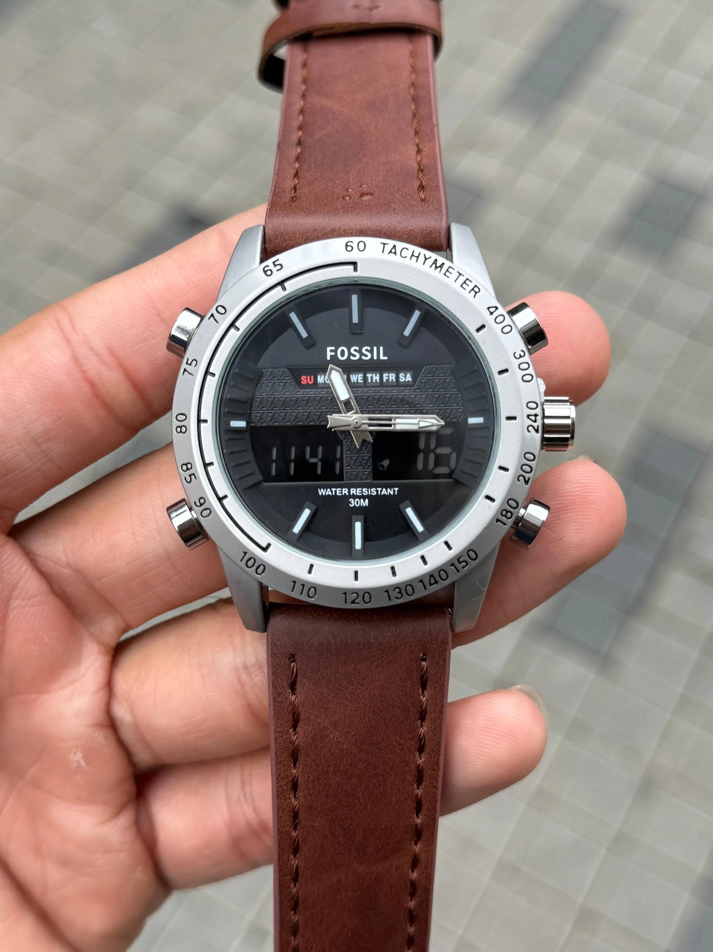 Fossi l Dual Time Silver Black Brown Belt